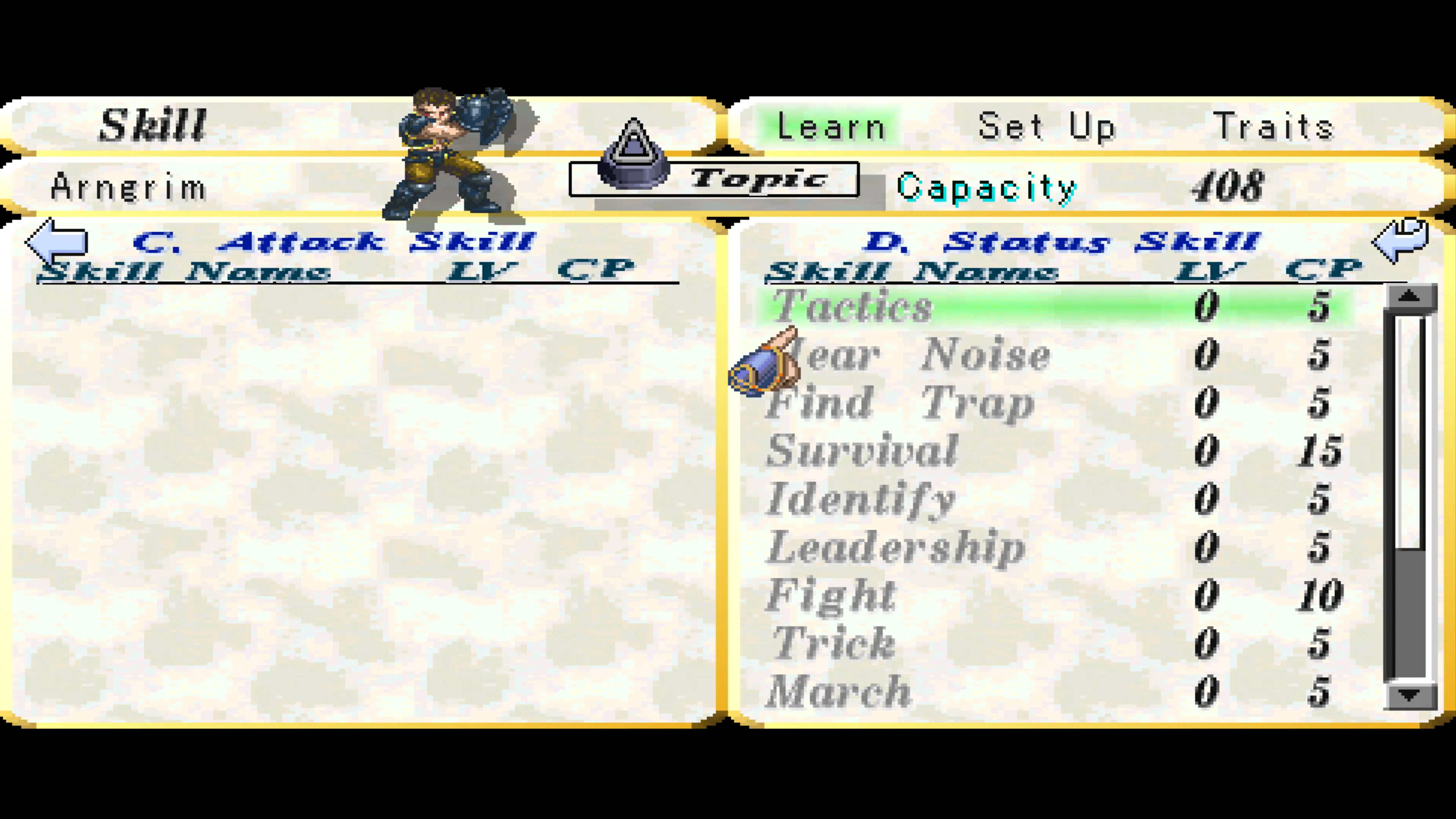 Valkyrie Profile showing various skills a character may have